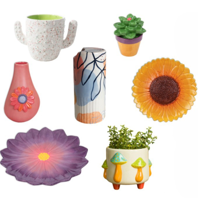 collage of colorful painted ceramic vases, planters, and flower-shaped pieces