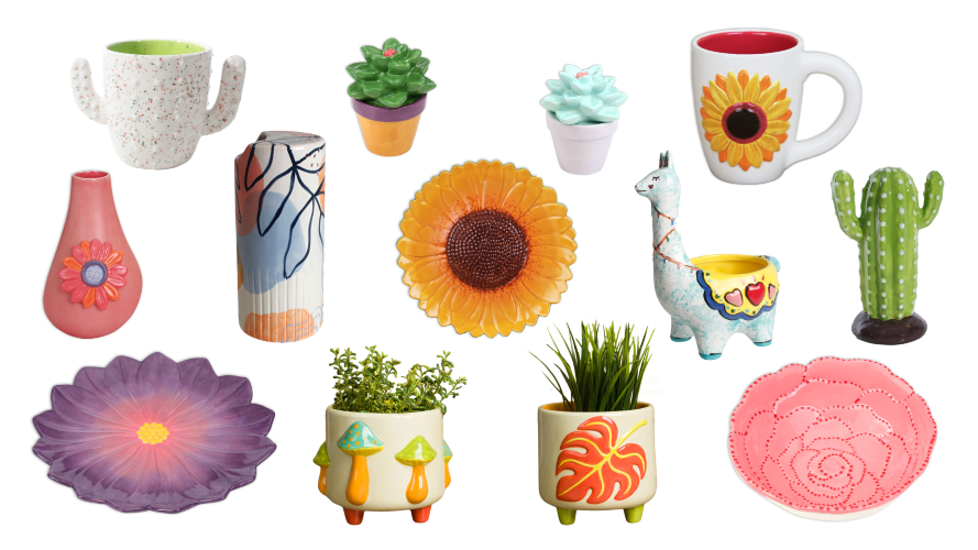 collage of colorful painted ceramic vases, planters, and flower-shaped pieces