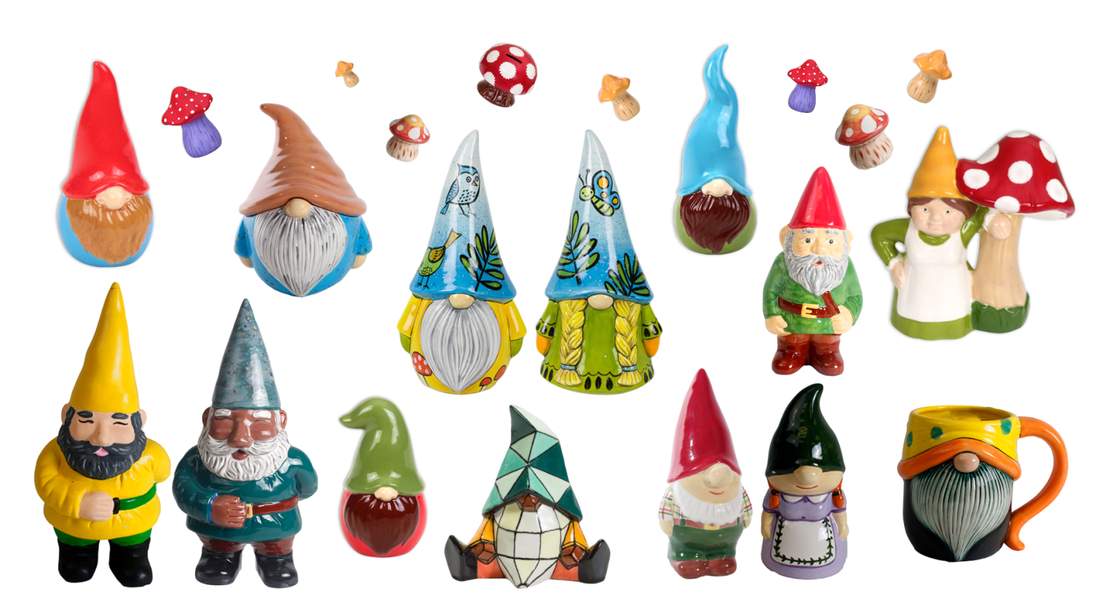 collage of brightly painted ceramic gnomes and mushrooms of various shapes and sizes