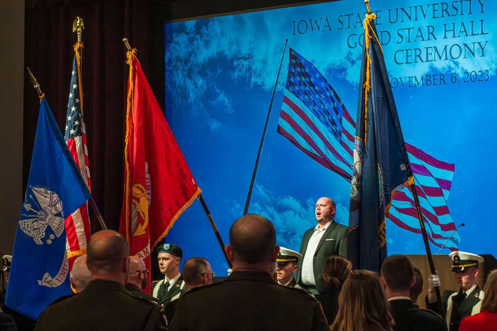 Chad Sonka singing the national anthem at the Gold Star Hall Ceremony.