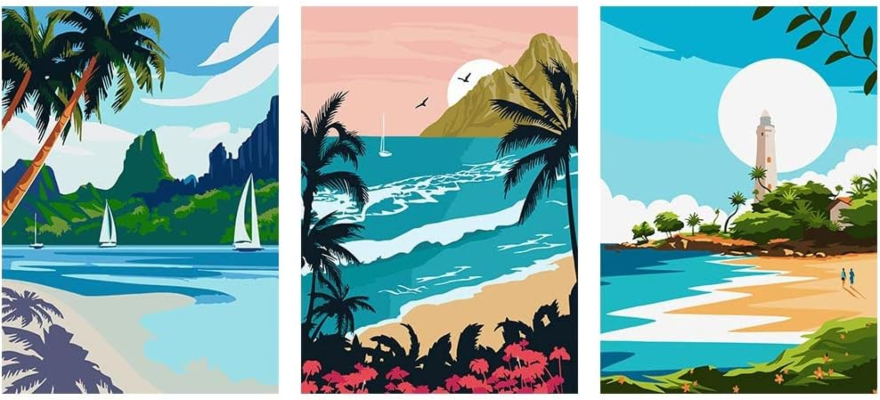 three pictures of beaches painted in paint by number style. one light sand with sailboats and palm trees, one pink sky and dark sand with sailboat and mountain, and one light sand with bright blue sky and lighthouse from left to right.