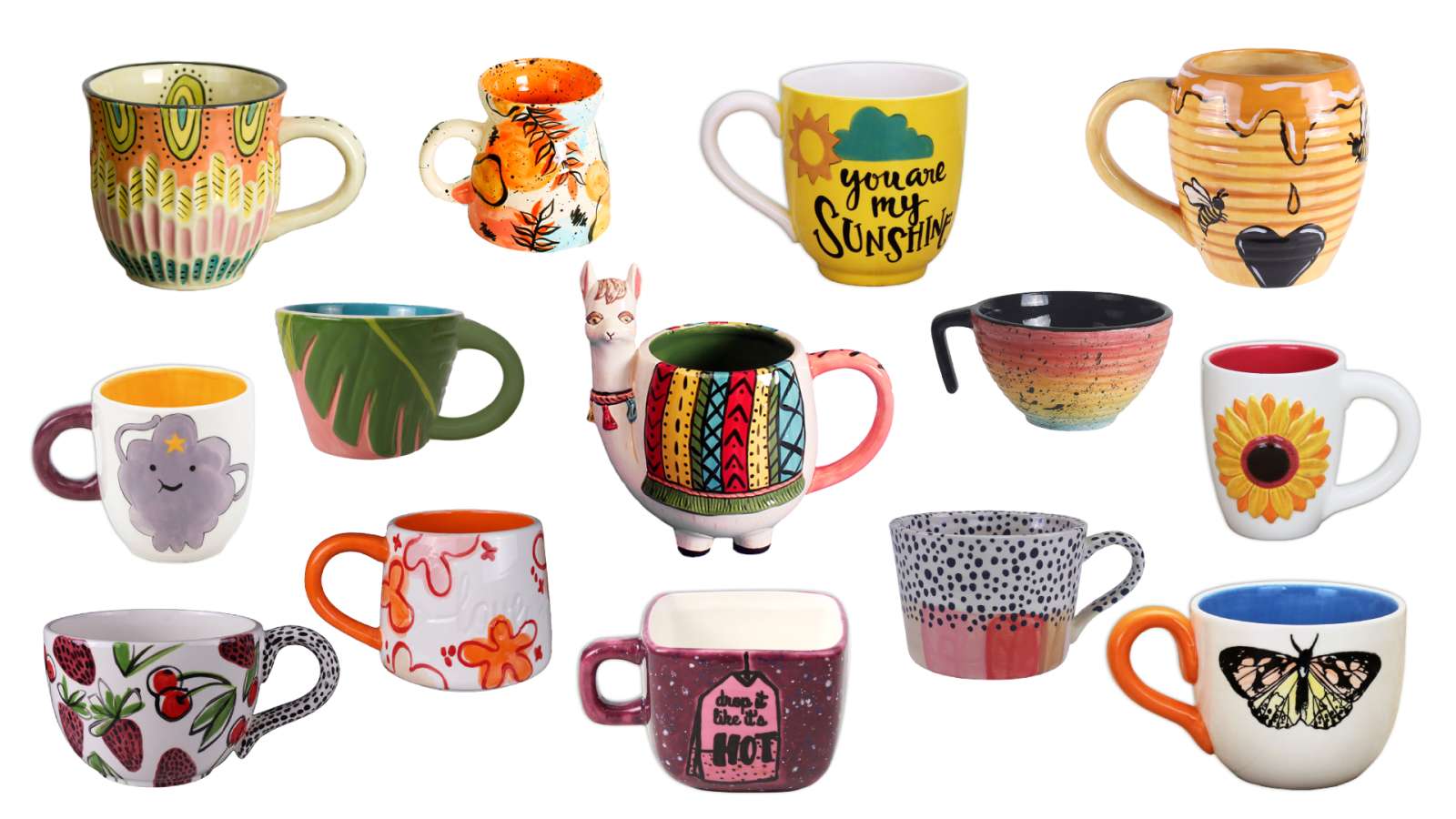 collage of several painted ceramic mugs in varying shapes, sizes, and colors