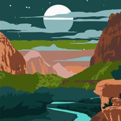river flowing between mountains with a moon in the sky painted in paint by number style