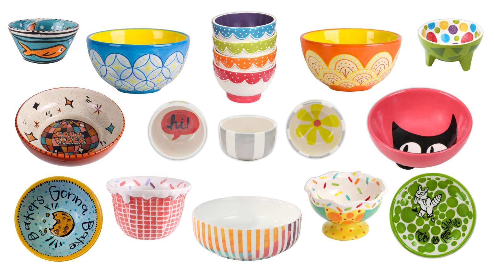 collage of brightly colored ceramic bowls