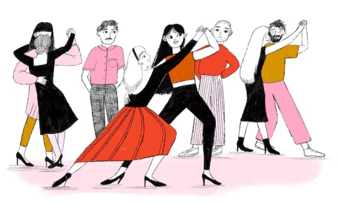 cartoon image of many people dancing in partners.