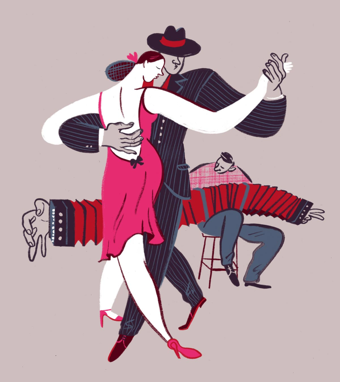 cartoon image of person in pink dress and heels dancing with person in black suit and hat. Accordion player behind them.