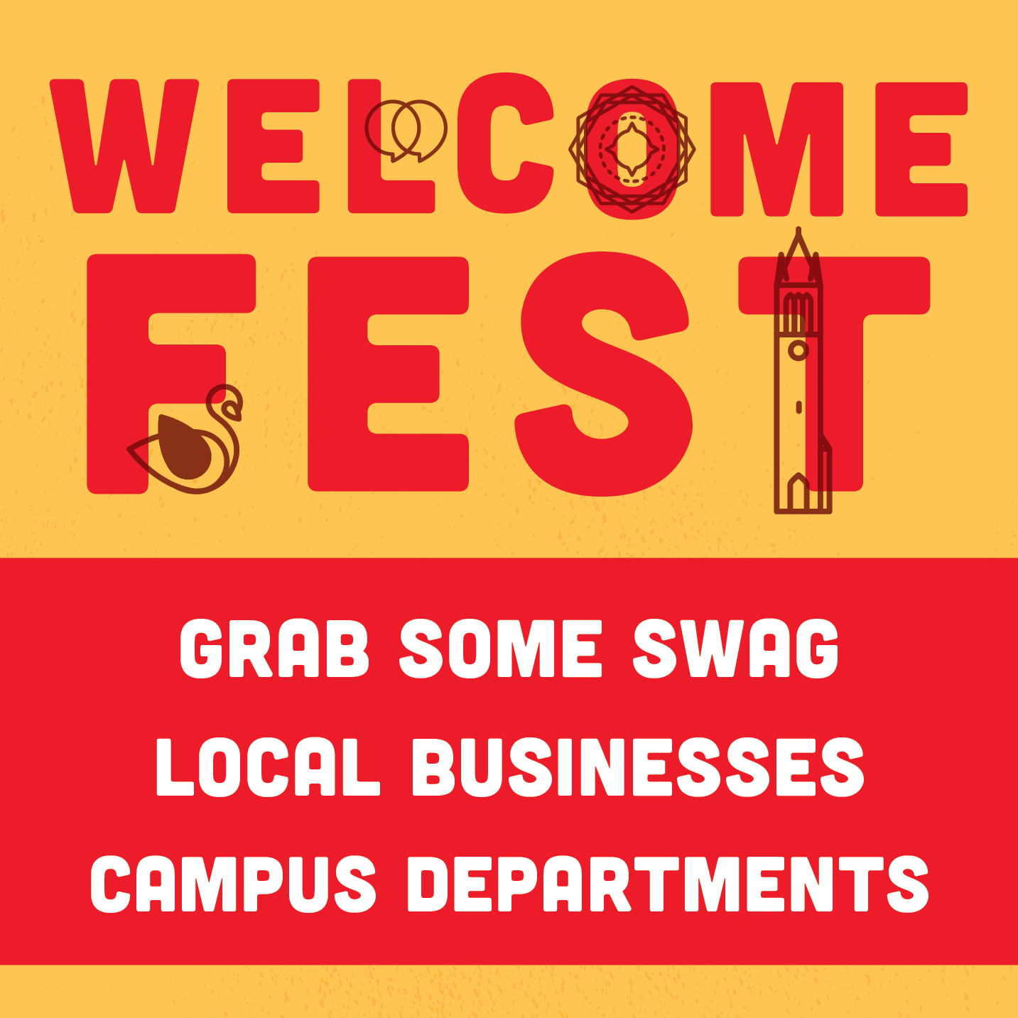 WelcomeFest graphic that says: "Welcomefest Grab some swag, local businesses, campus departments" with icons of the MU logo, the zodiac, a campanile, and a swan.
