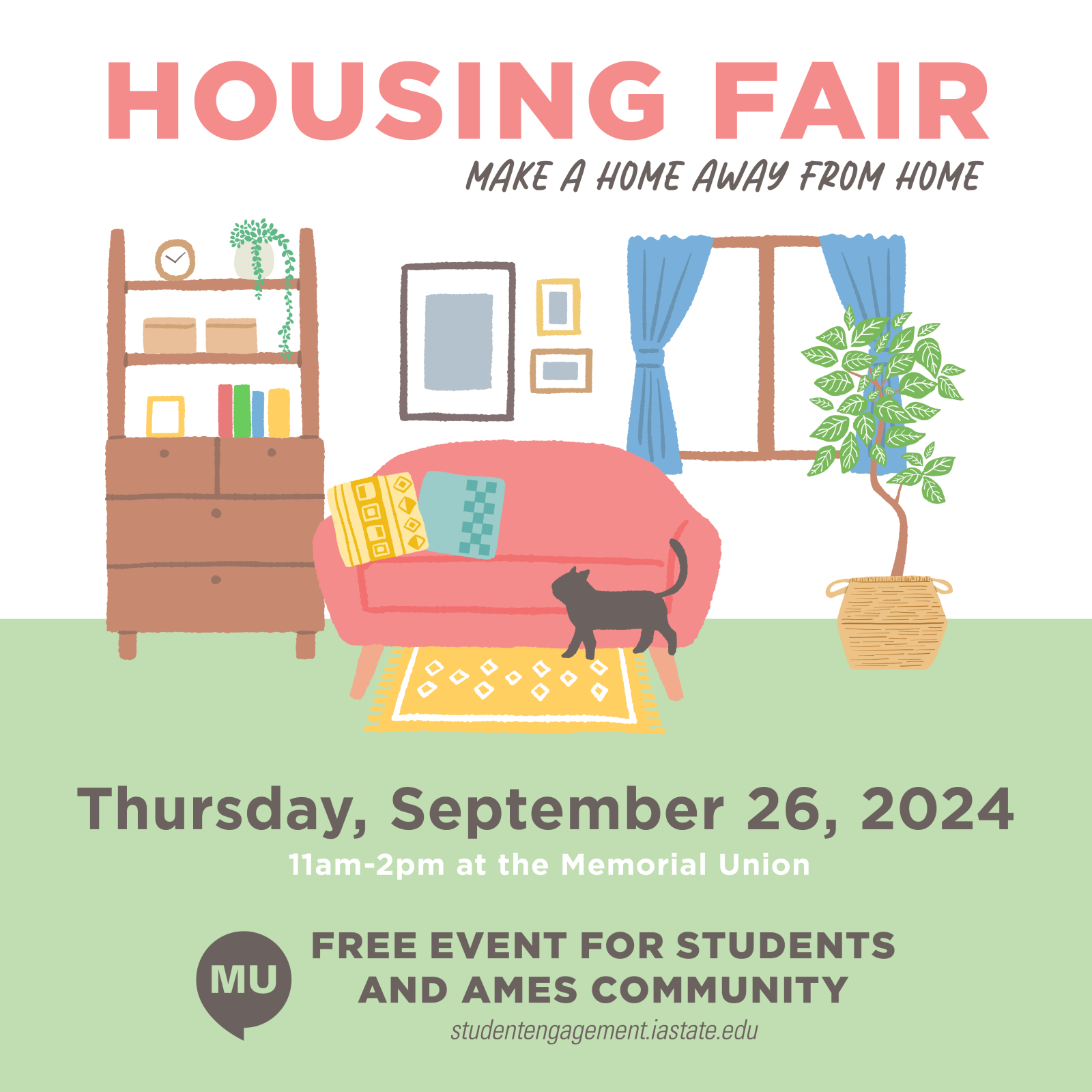 Housing Fair 2024 graphic featuring a drawing of a couch, bookshelf, window, and a cat.