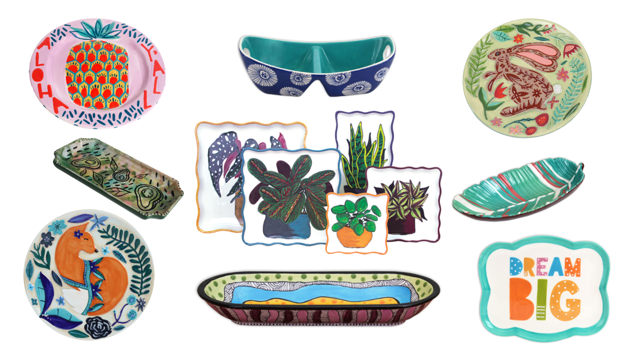 collage of ceramic plates and trays painted with various colors and patterns