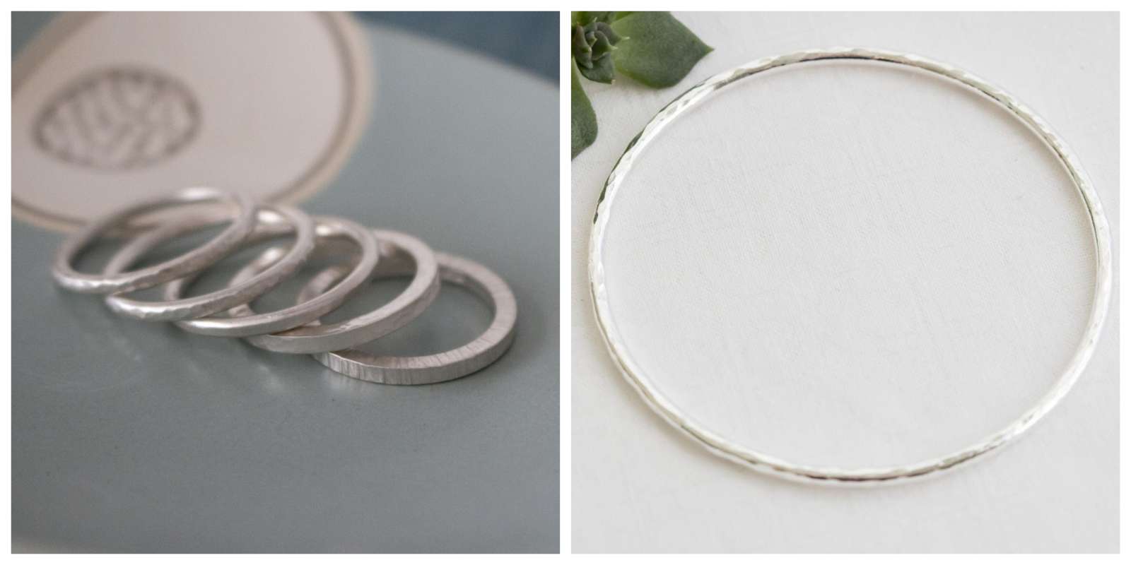 Left picture: Stack of hammered silver rings, Right picture: hammered silver bangle bracelet