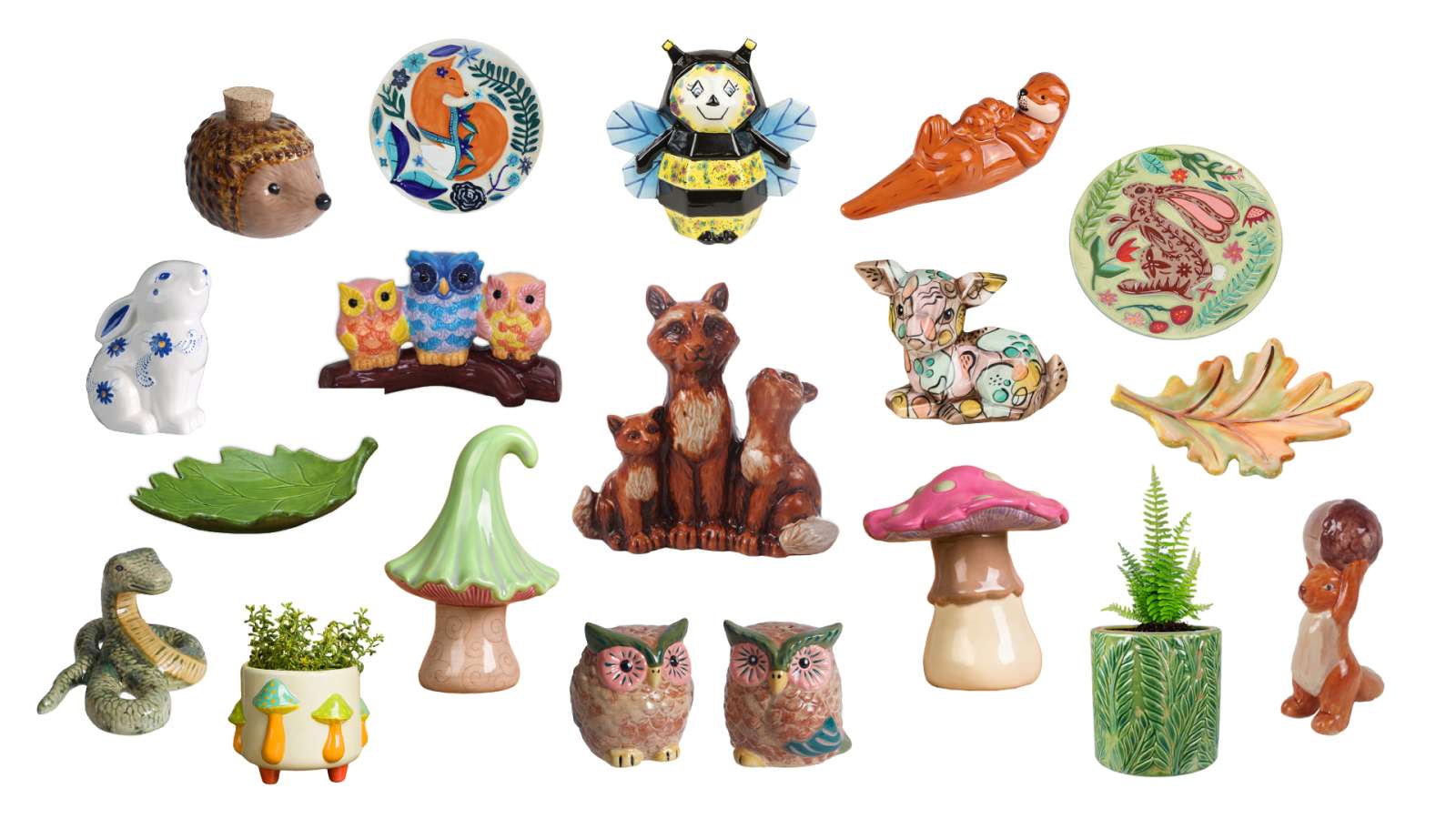 collage of various brightly painted woodsy bisque pieces including animals, plants, and planters