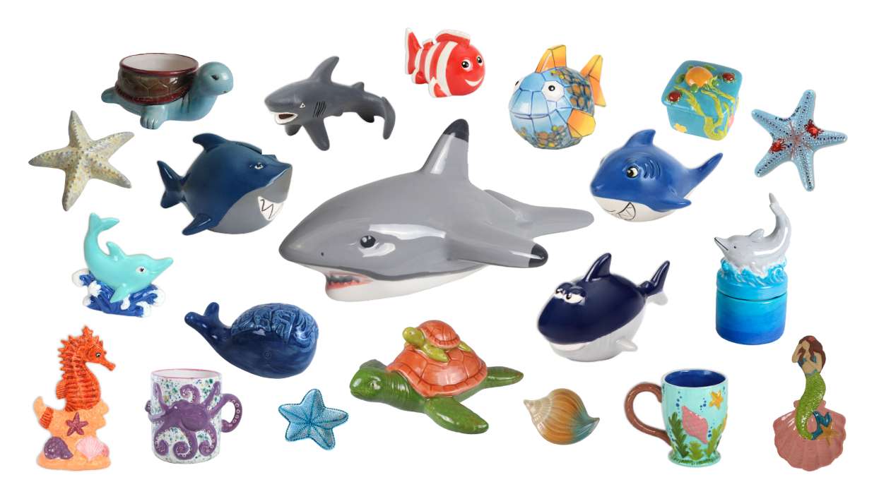 collage of brightly glazed ocean creature bisque pieces