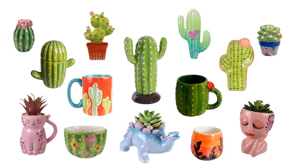 collage of ceramic pieces that are either shaped like cacti/succulents or are planters