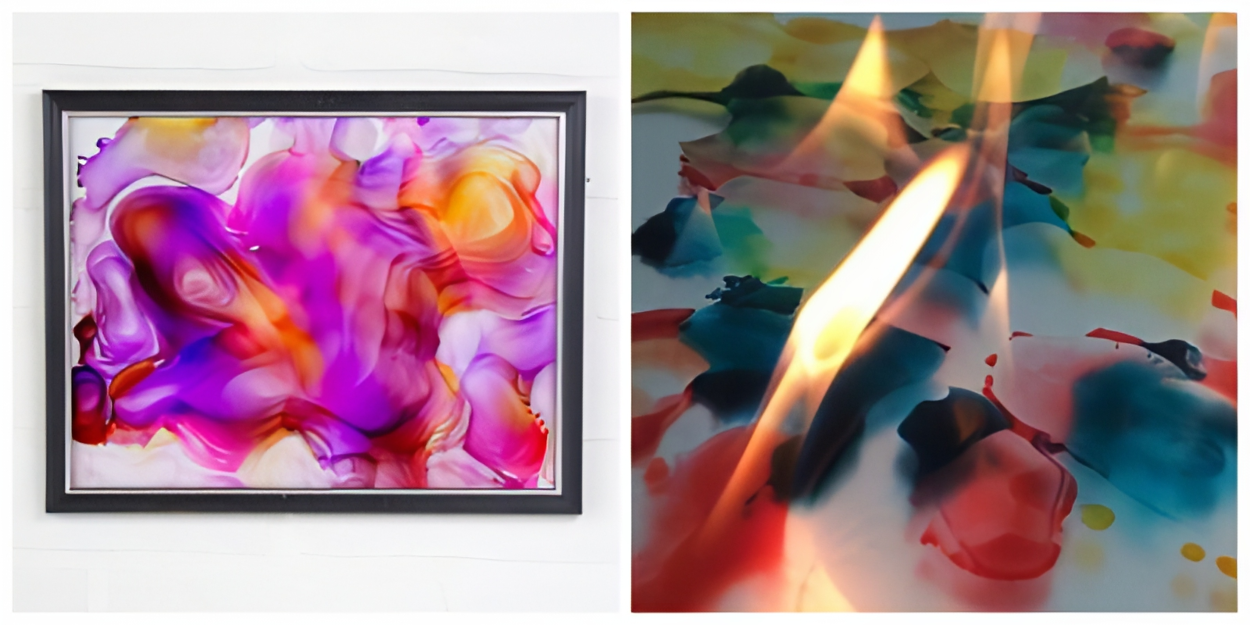 2 pictures of fired ink art: on the left is a framed piece with pink, purple, orange, and red swirls, on the right is a piece that is lit on fire with reds, blues and yellows.