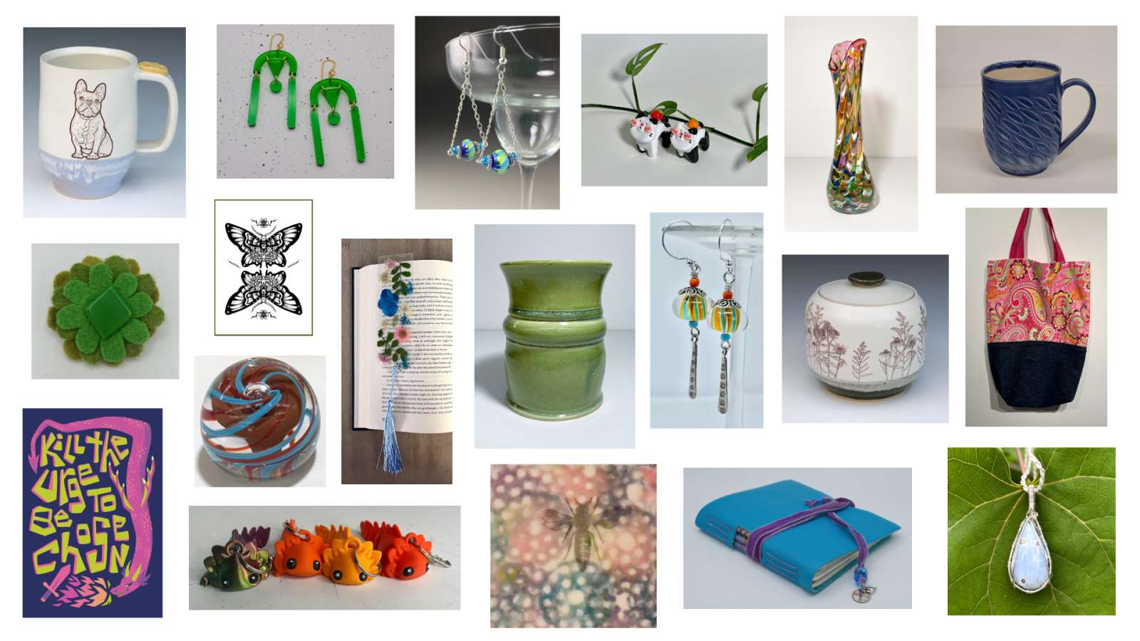collage of items sold by art mart artists incuding ceramics, jewelry, prints, and more