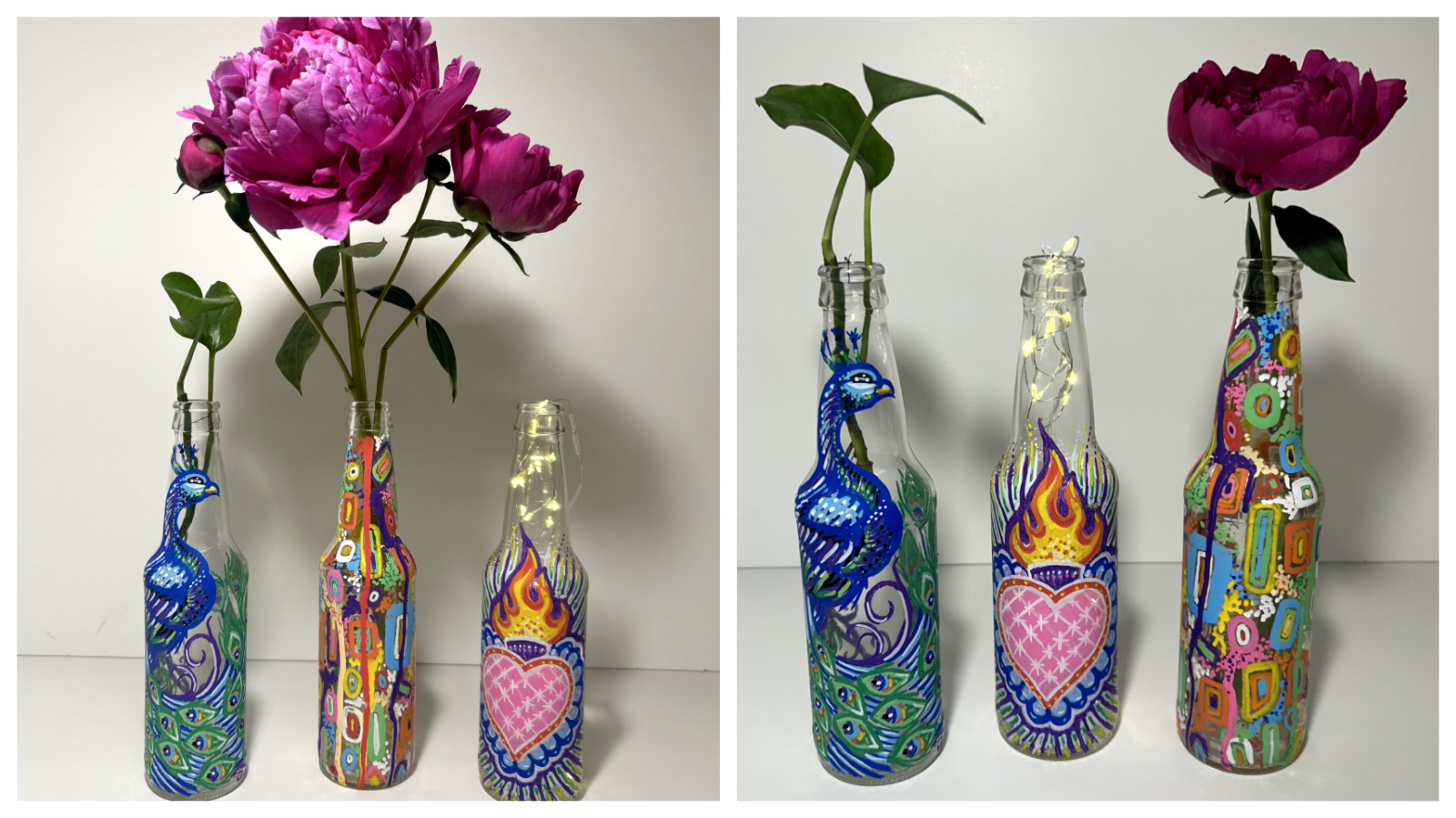 Two images of a trio of painted glas bottles. One has a plant cutting, one has a flower in it, and the other has fairy lights