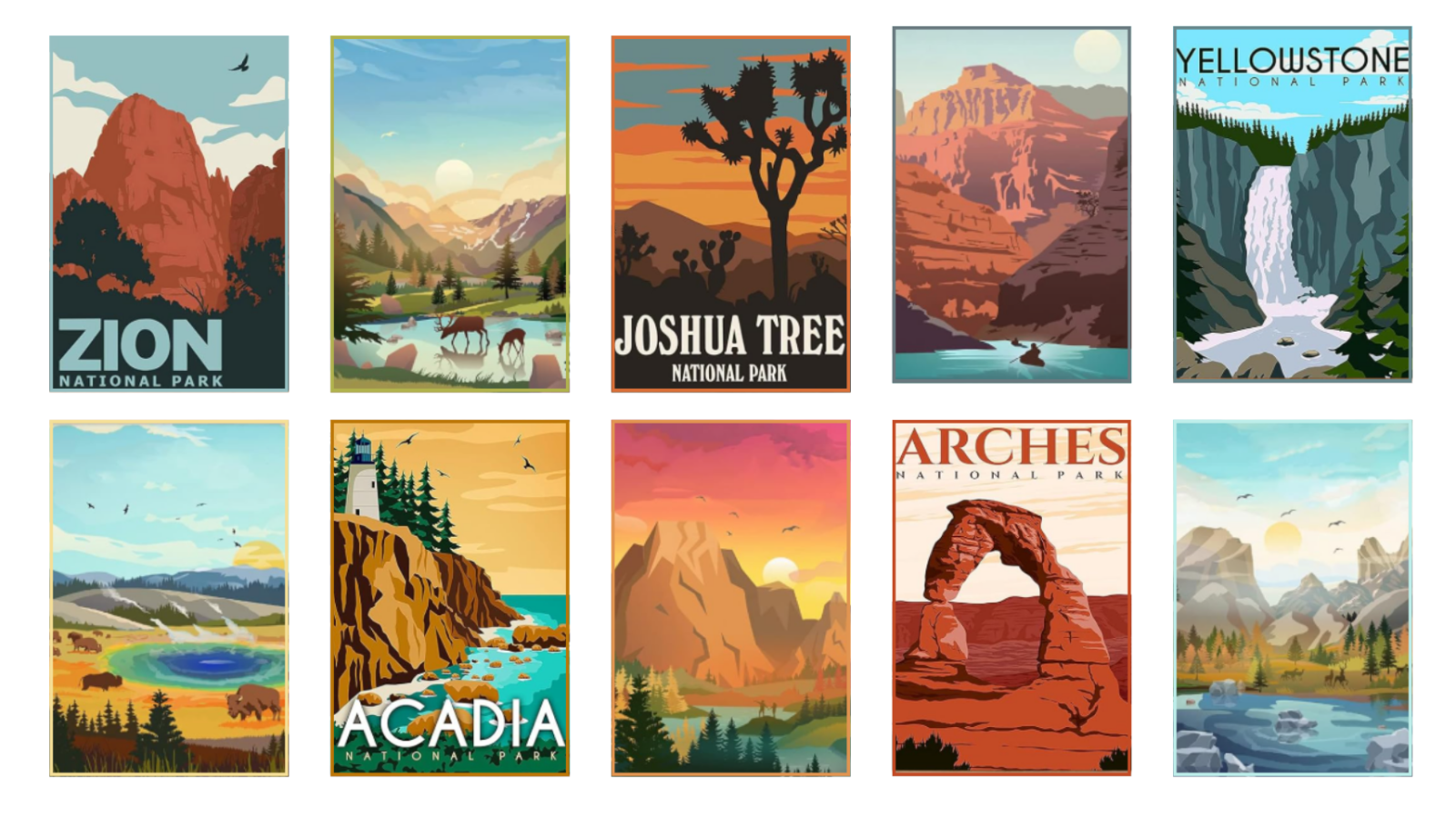 ten paint by number designs all based off of national parks