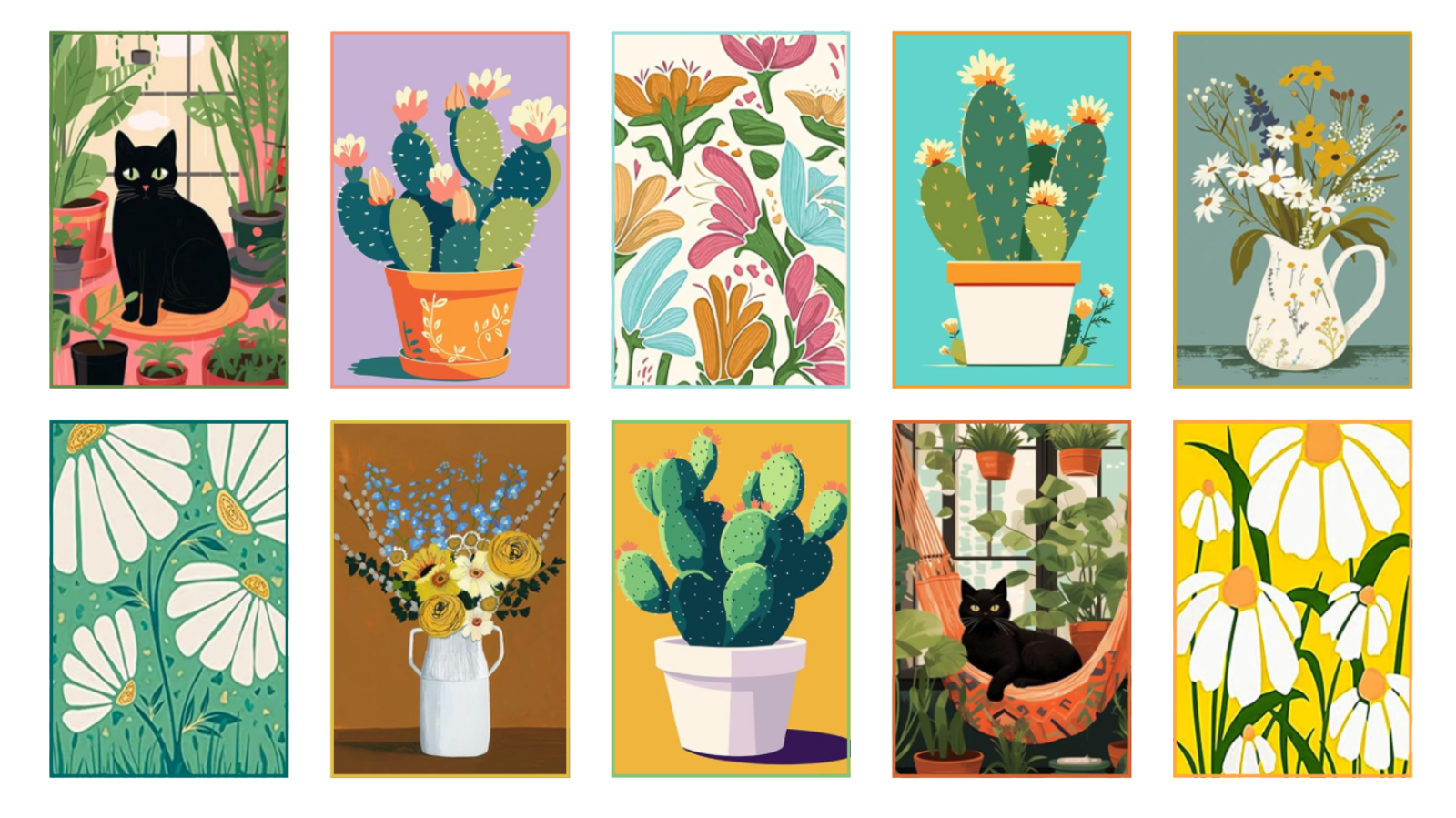 collage of 10 paint by number designs that all include plants and flowers.