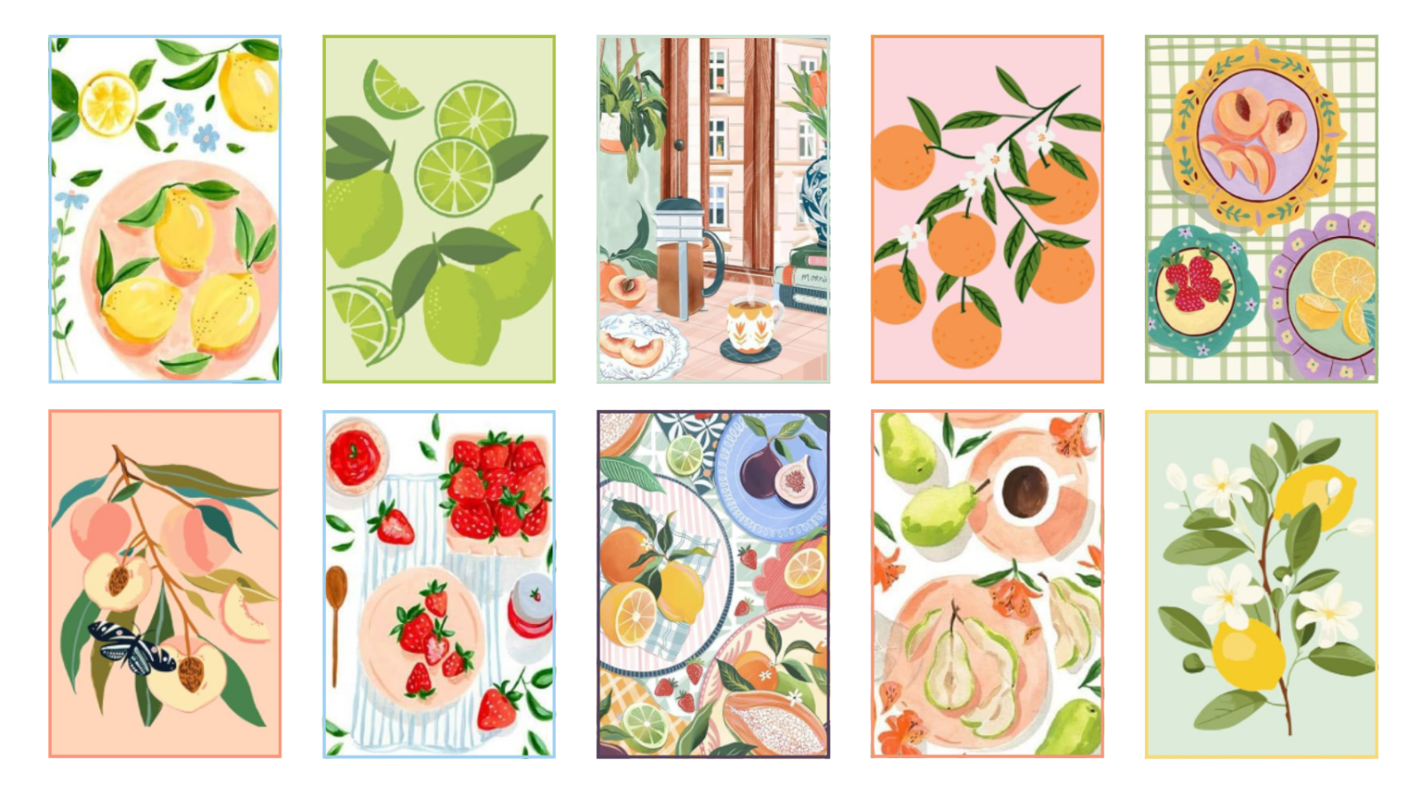 collage of 8 paint by number designs with fruit and other foods