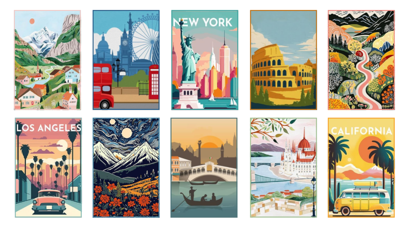 ten paint by number designs all based off of different travel destinations