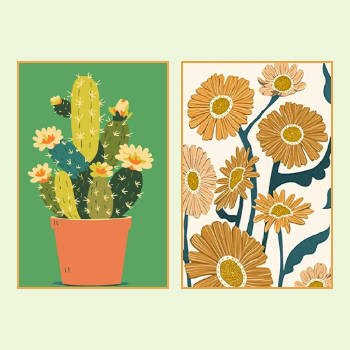 two paint by number options that are images of plants. On the left is agreen cactus and on the right is a bunch of orange flowers