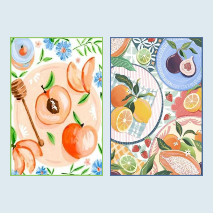 light blue background with images of two paint by numbers on it. The first is a plate of peaches and honey with flowers around it. The second it a picnic blanket with plates of various fruits.
